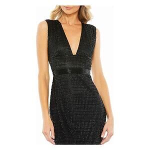 Mac Duggal 5625 Bugle Beaded Plunging Evening- Black Size 8